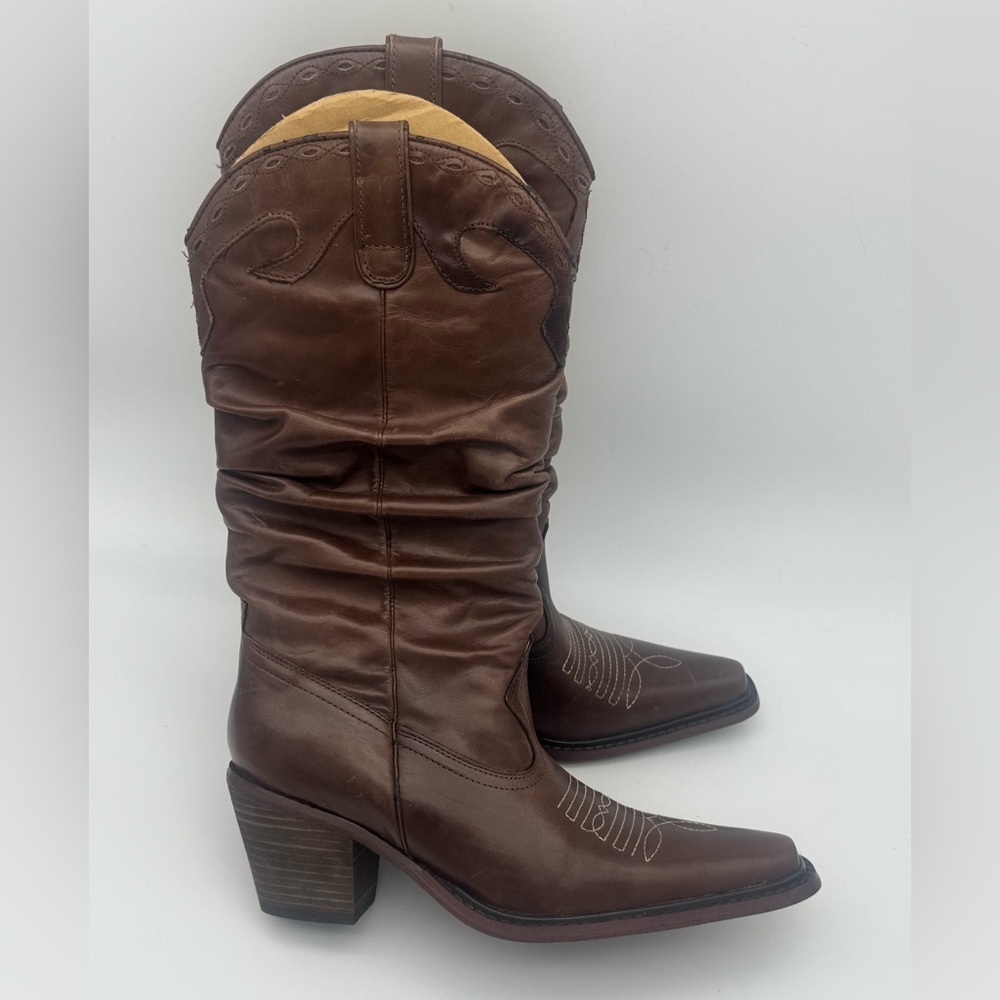 Saddle Brown genuine Leather western festival Cowboy Boots size 5.5 Steve Madden